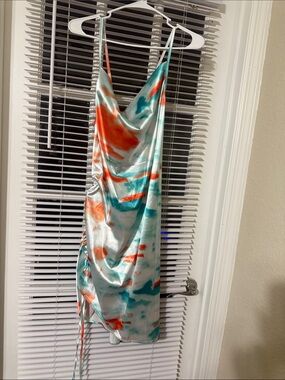 SHEIN Teal, Orange & White Satin Cowl Neck Slip Dress